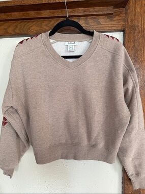 Ariat Taupe V-Neck Sweater with Red Shoulder Accents